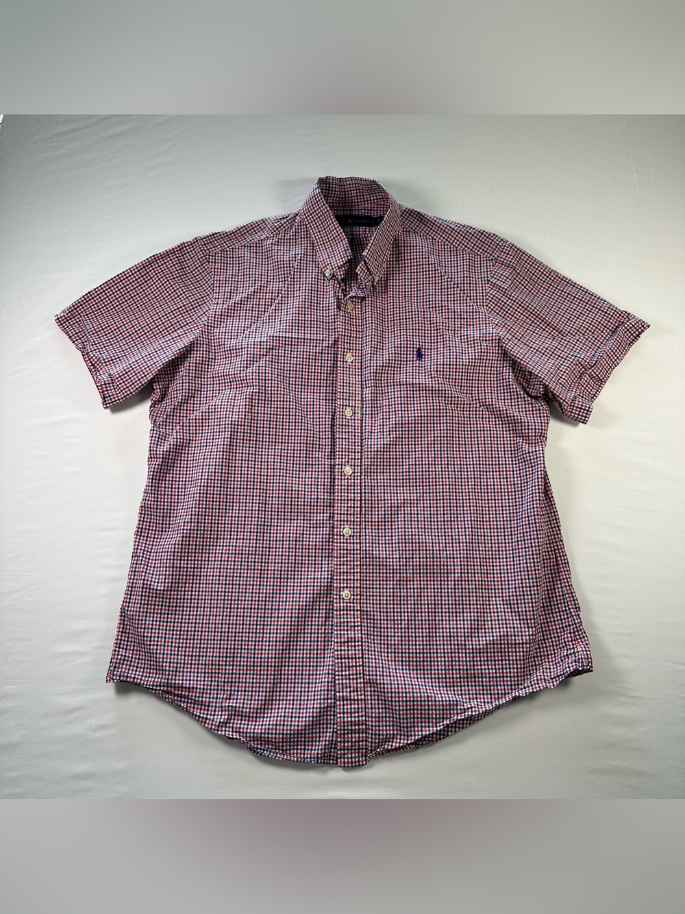 Ralph Lauren Plaid Gingham Shirt Mens L Red White Blue Short Sleeve Button Down